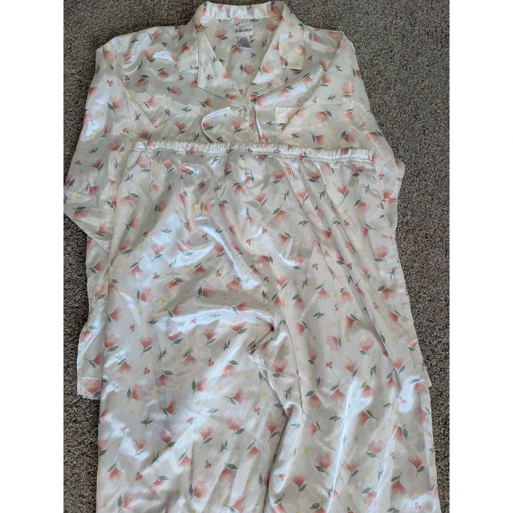 Vintage Delicates Satin Pajama Set Womens Large Floral Pink White Sleepwear 2pc